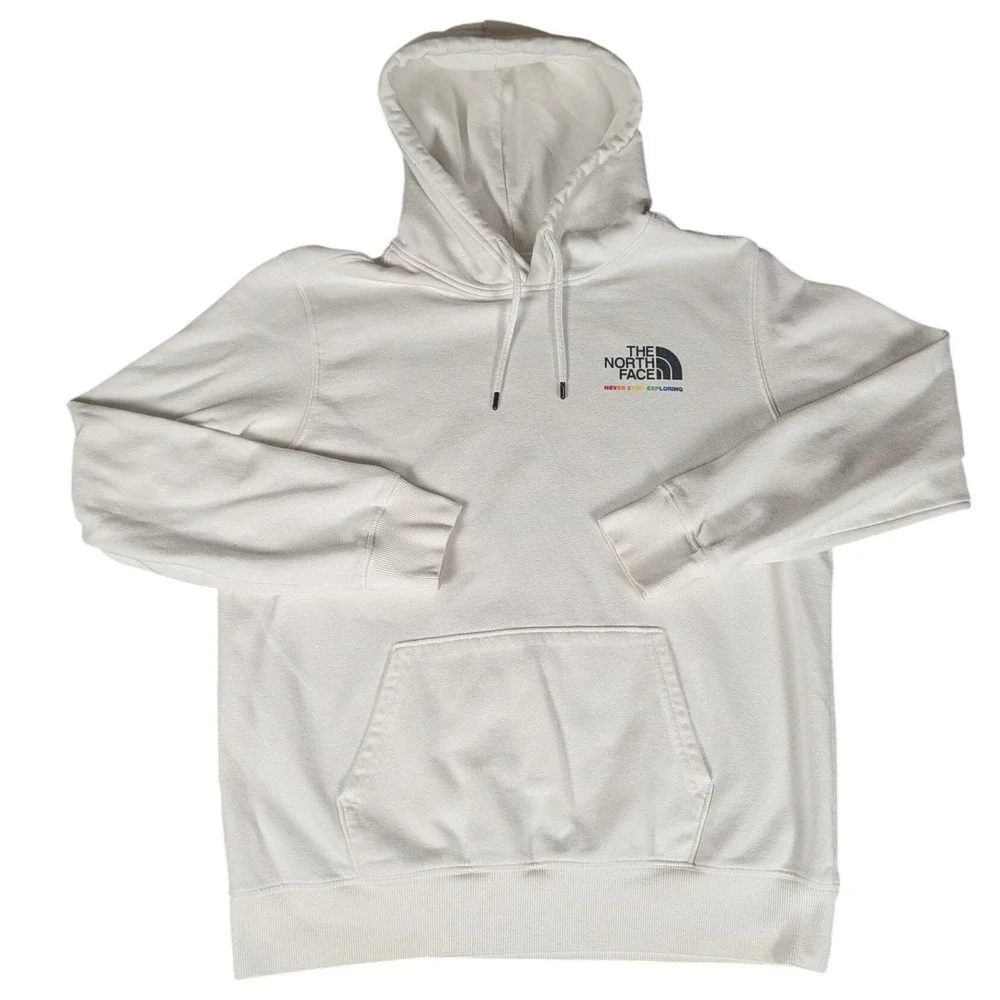 The North Face Mens White Rainbow Logo Hoodie Mountain Graphic Pullover L